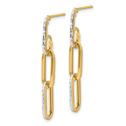 14K Yellow & Rhodium With White Pol And Diamond Cut Link Dangle Earrings
