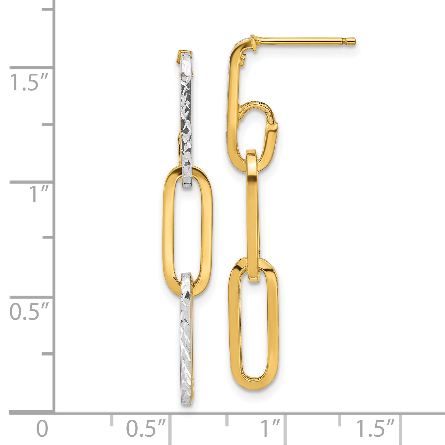 14K Yellow & Rhodium With White Pol And Diamond Cut Link Dangle Earrings