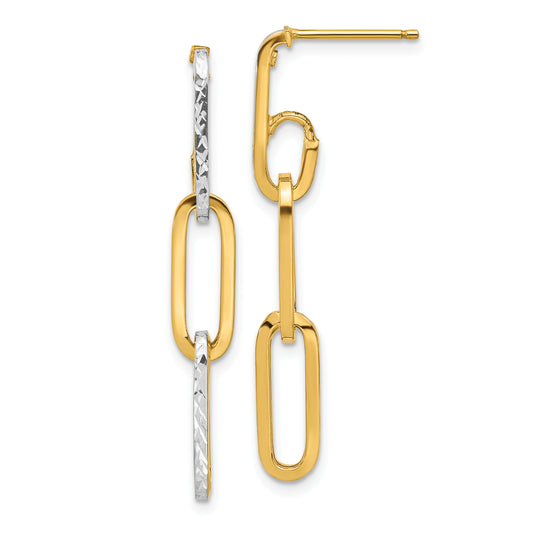 14K Yellow & Rhodium With White Pol And Diamond Cut Link Dangle Earrings