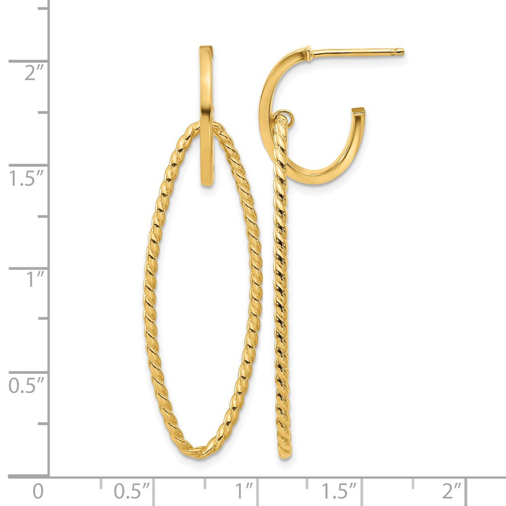 14K Yellow Gold Polished And Twist Dangle Oval J Hoop Earrings