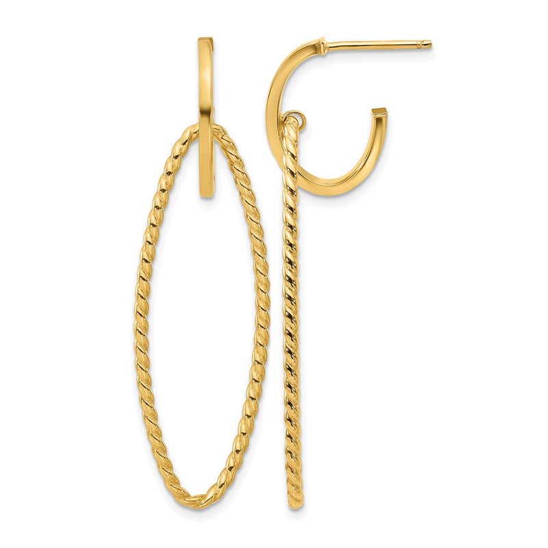 14K Yellow Gold Polished And Twist Dangle Oval J Hoop Earrings