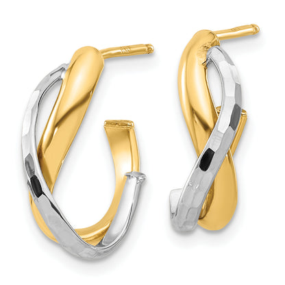 14K Yellow & Rhodium Polished/Diamond Cut J Hoop Post Earrings