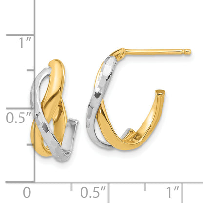 14K Yellow & Rhodium Polished/Diamond Cut J Hoop Post Earrings