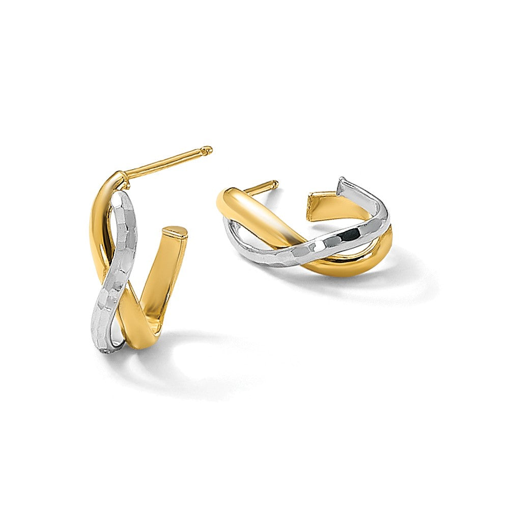 14K Yellow & Rhodium Polished/Diamond Cut J Hoop Post Earrings