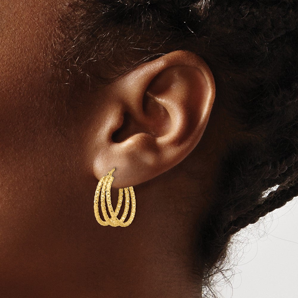 14K Yellow Gold Polished And Textured Three Row Hoop Post Earrings