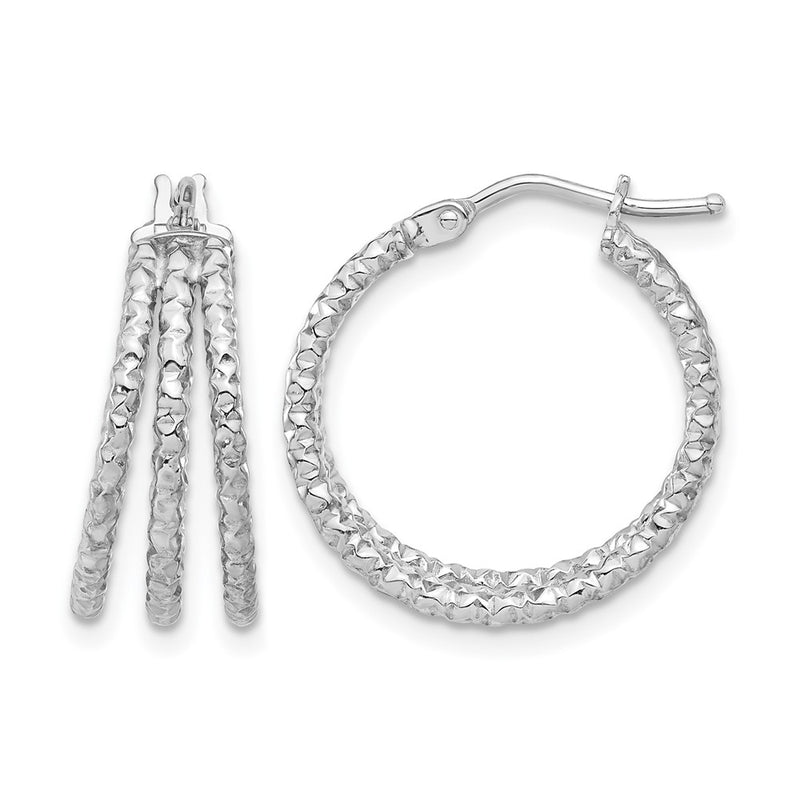 14K Yellow & Rhodium Wht Rh Plat Polish/Texture Three Row Hoop Earrings