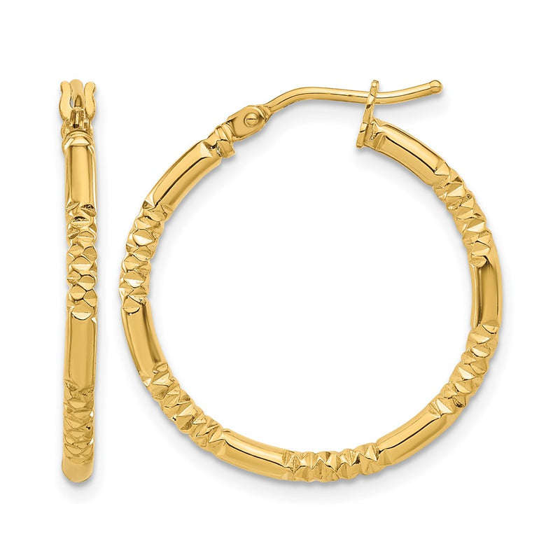 14K Yellow Gold Polished And Textured Hoop Earrings