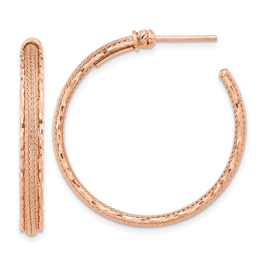 14K Rose Gold Diamond Cut And Textured Post Hoop Earrings