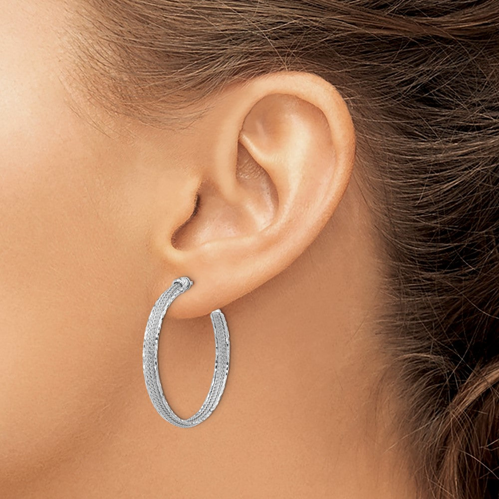 14K White Gold Diamond Cut And Textured Post Hoop Earrings