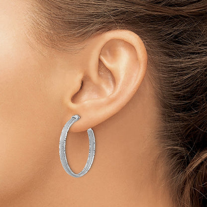 14K White Gold Diamond Cut And Textured Post Hoop Earrings