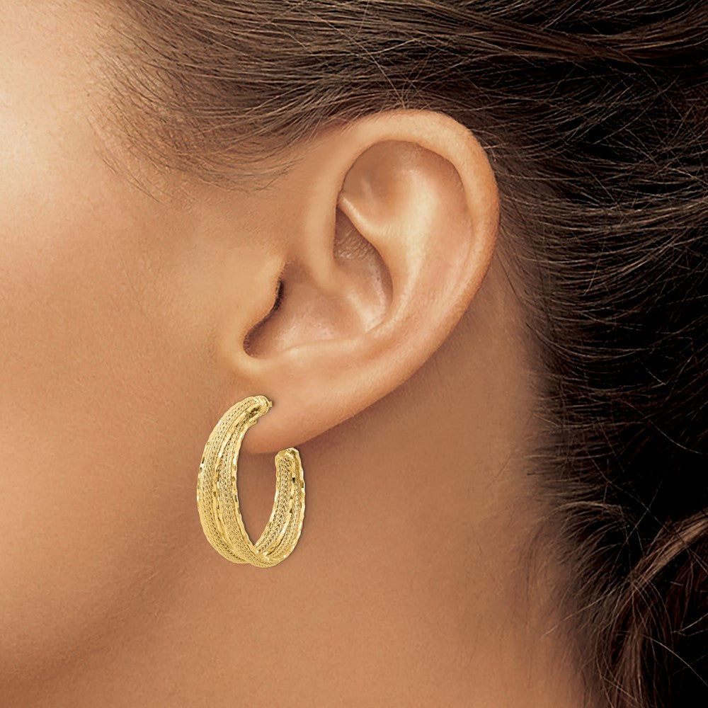 14K Yellow Gold Diamond Cut And Textured Post Hoop Earrings