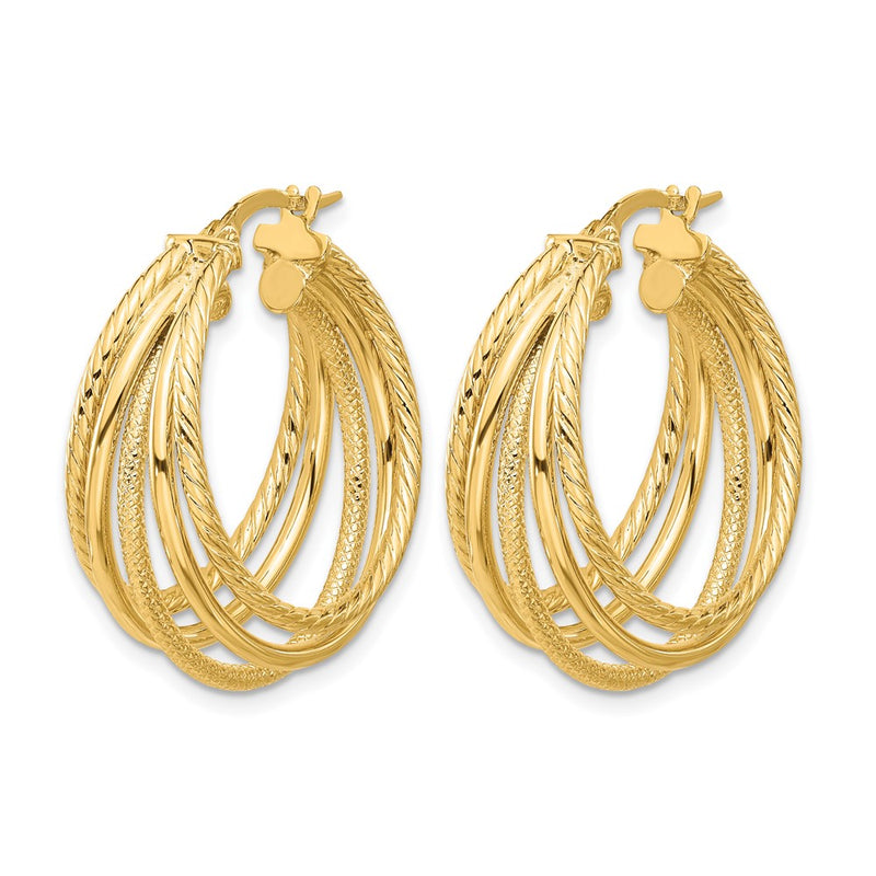 14K Yellow Gold Polished And Multi Textured Hoop Earrings