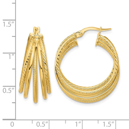 14K Yellow Gold Polished And Multi Textured Hoop Earrings