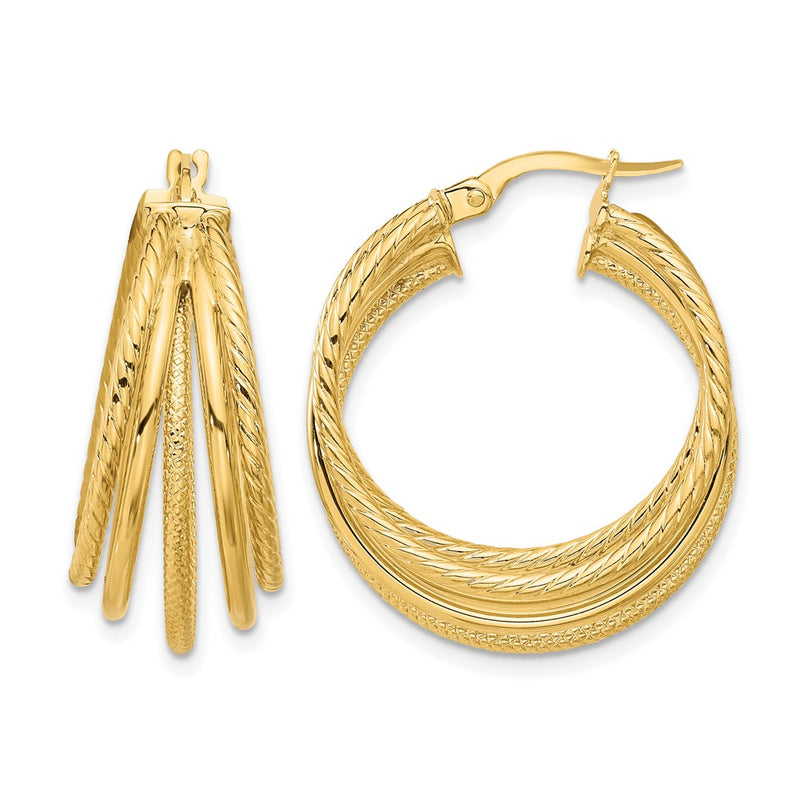 14K Yellow Gold Polished And Multi Textured Hoop Earrings