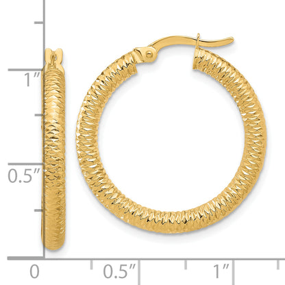 14K Yellow Gold Diamond Cut Round Hoop Earrings