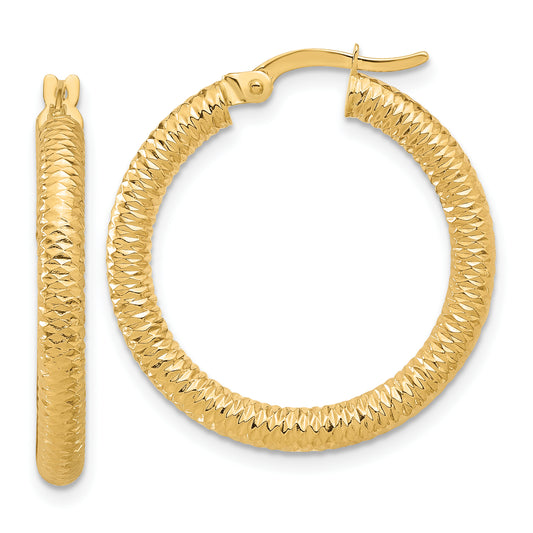 14K Yellow Gold Diamond Cut Round Hoop Earrings