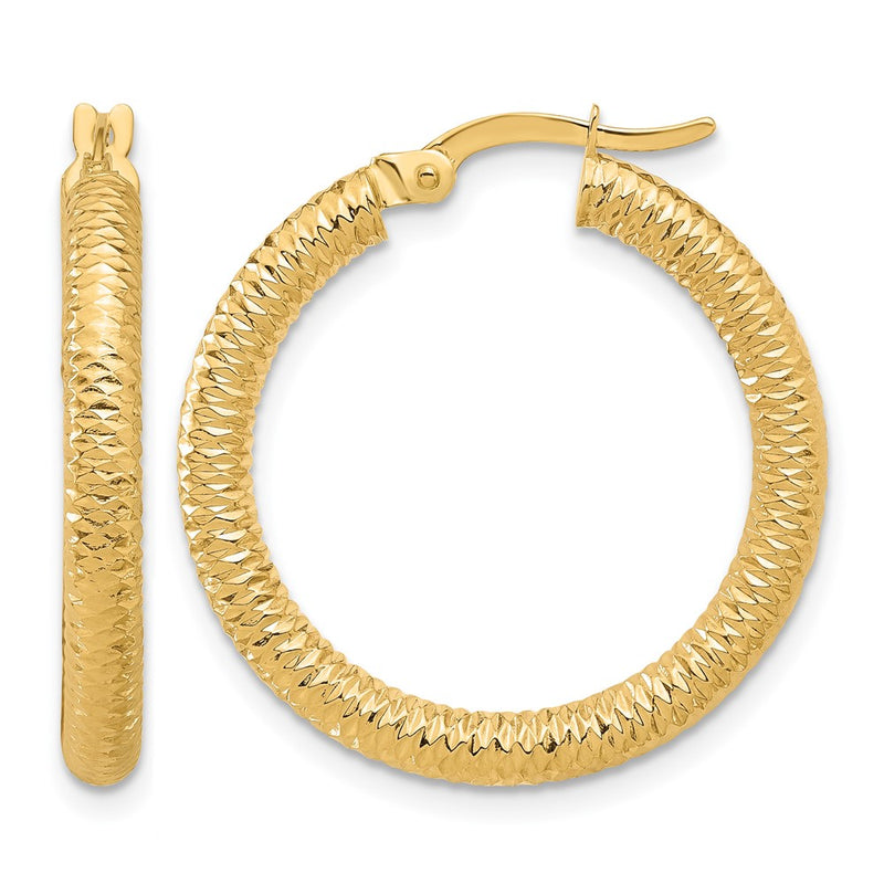 14K Yellow Gold Diamond Cut Round Hoop Earrings