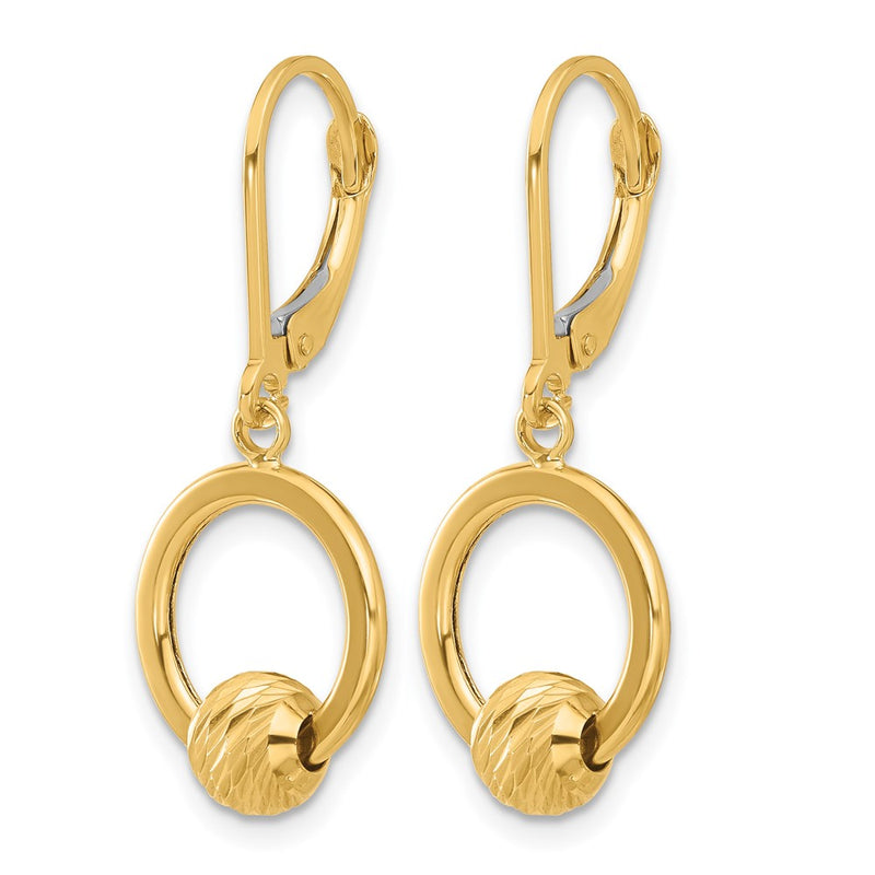 14K Yellow Gold Polished And Diamond Cut Beads Leverback Earrings