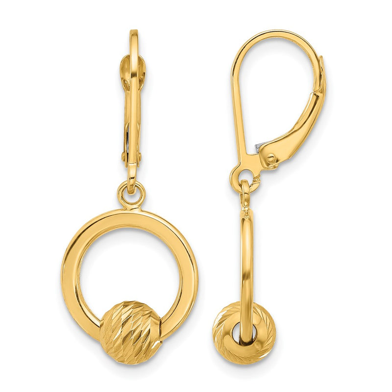 14K Yellow Gold Polished And Diamond Cut Beads Leverback Earrings