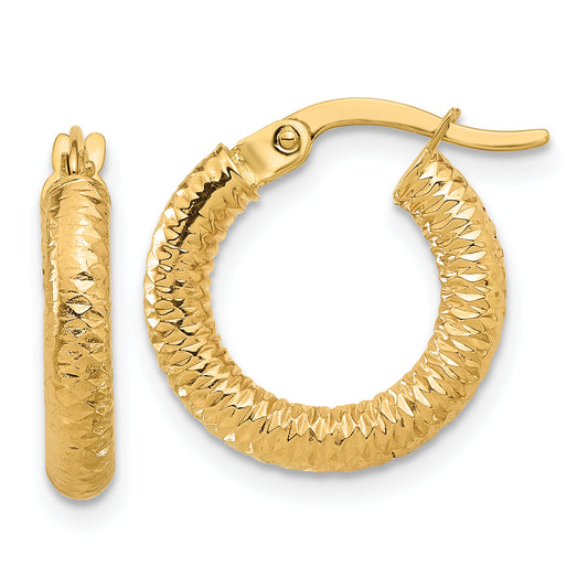 14K Yellow Gold Polished And Diamond Cut Hoop Earrings
