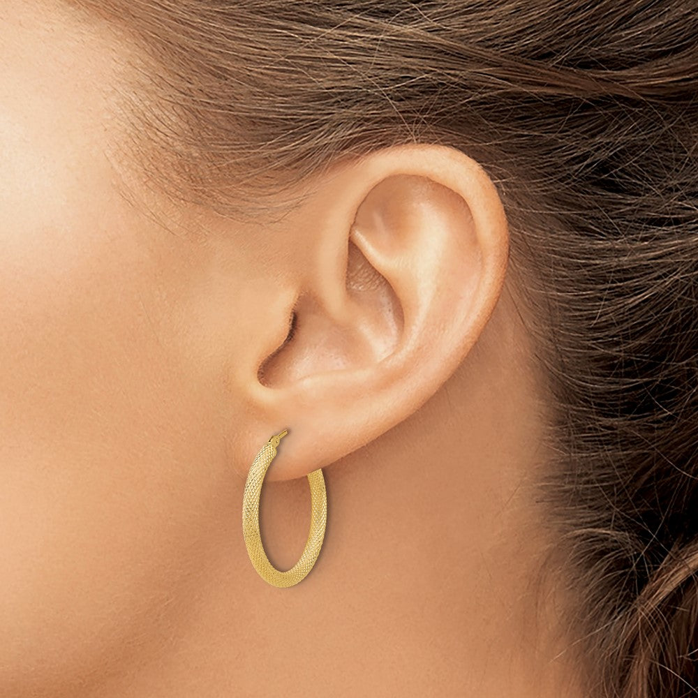 14K Yellow Gold Polished and Textured Round Hoop Earrings