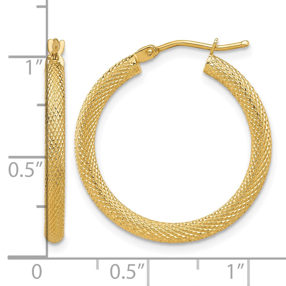 14K Yellow Gold Polished and Textured Round Hoop Earrings