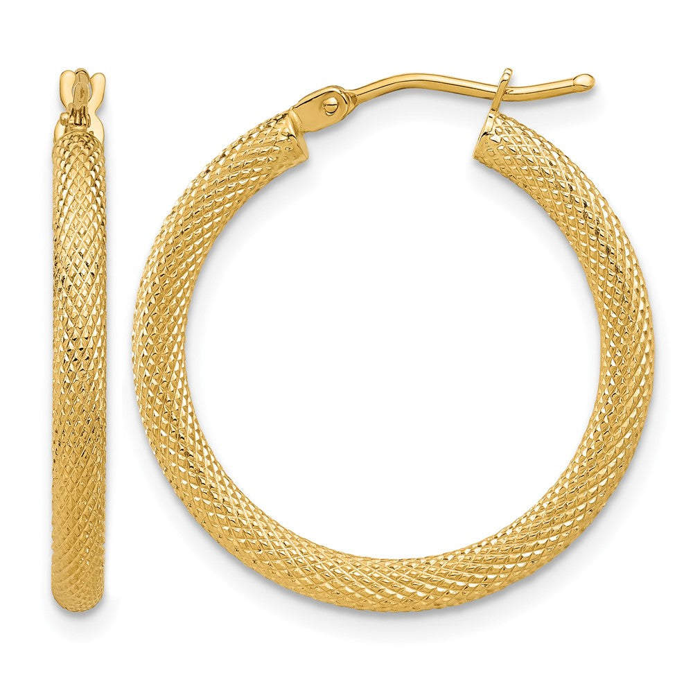 14K Yellow Gold Polished and Textured Round Hoop Earrings