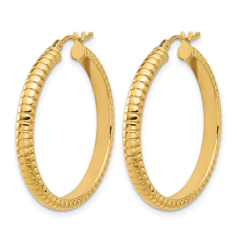 14K Yellow Gold Polished And Textured Round Hoop Earrings