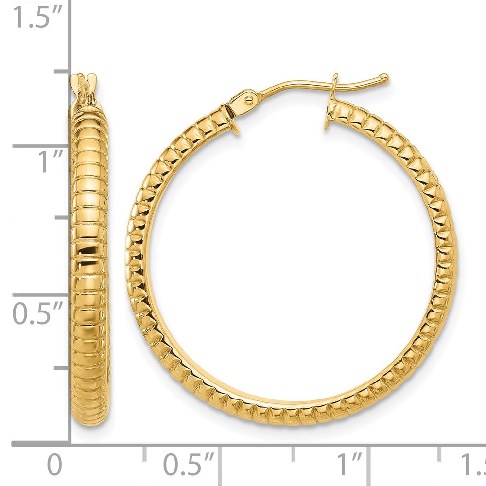 14K Yellow Gold Polished And Textured Round Hoop Earrings