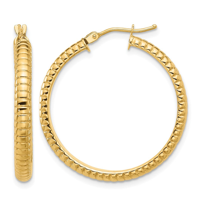 14K Yellow Gold Polished And Textured Round Hoop Earrings