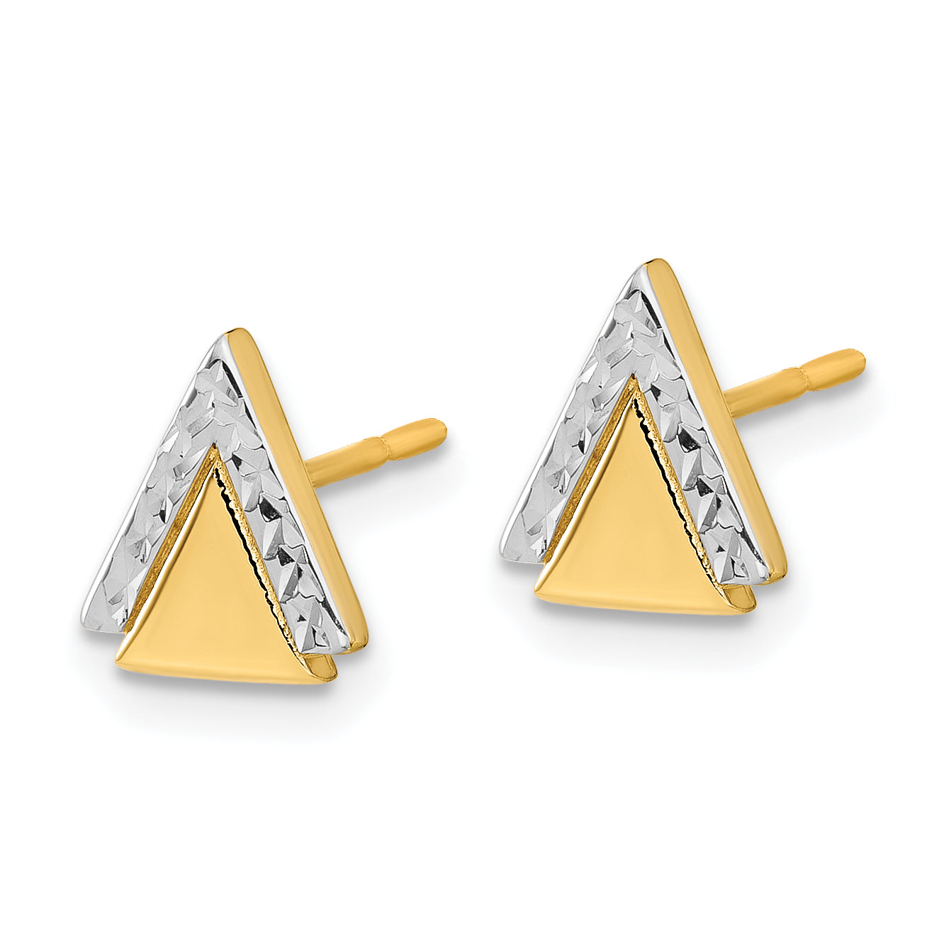 14K Yellow Gold With Rhodium Polished And Diamond Cut Triangle Post Earrings