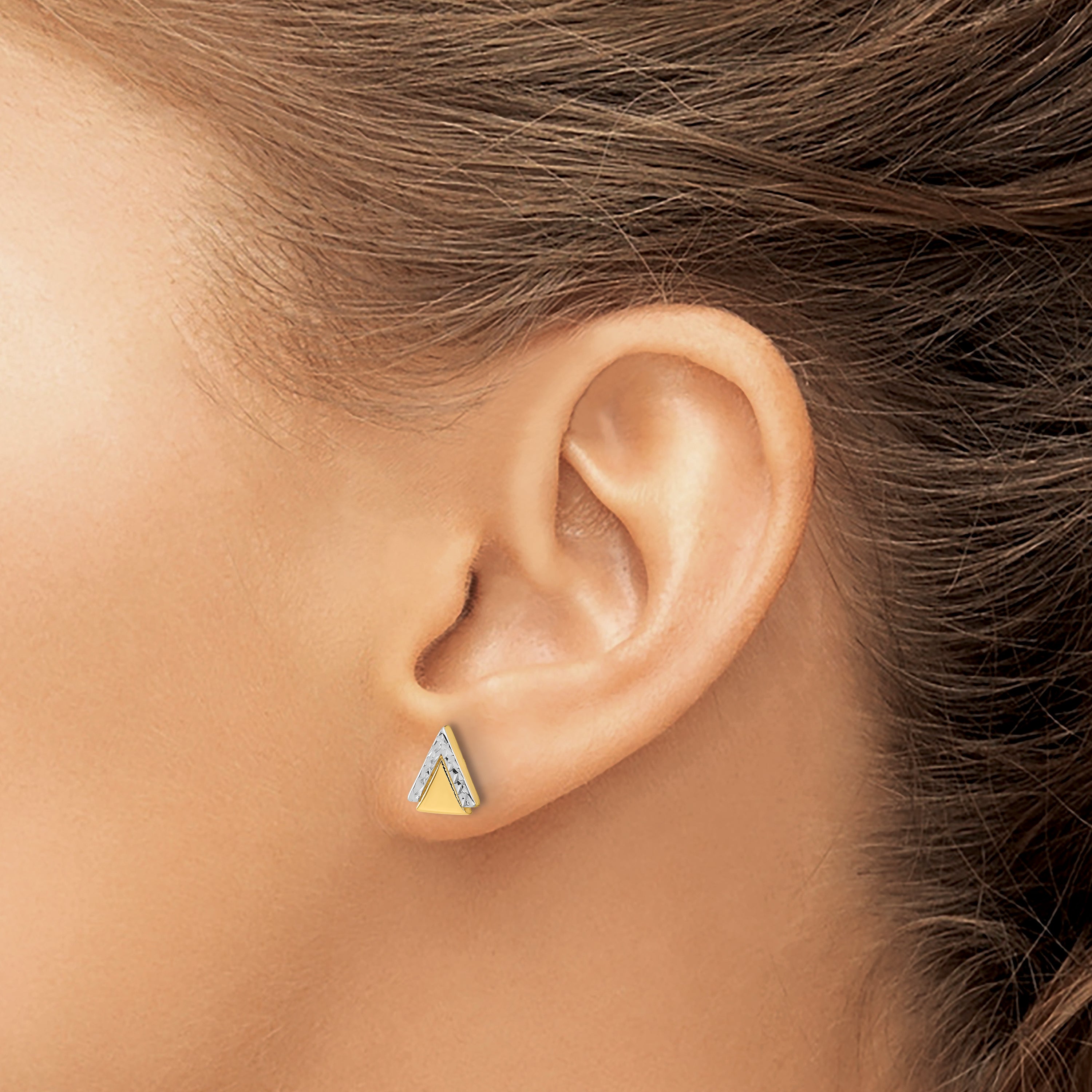 14K Yellow Gold With Rhodium Polished And Diamond Cut Triangle Post Earrings
