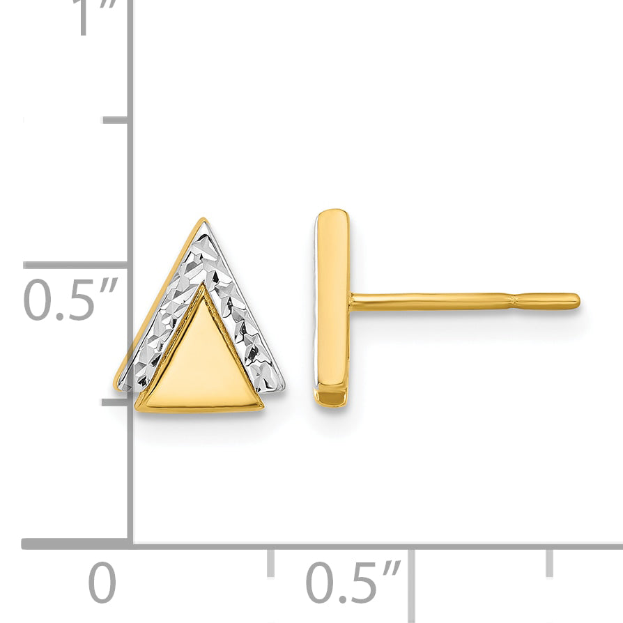 14K Yellow Gold With Rhodium Polished And Diamond Cut Triangle Post Earrings