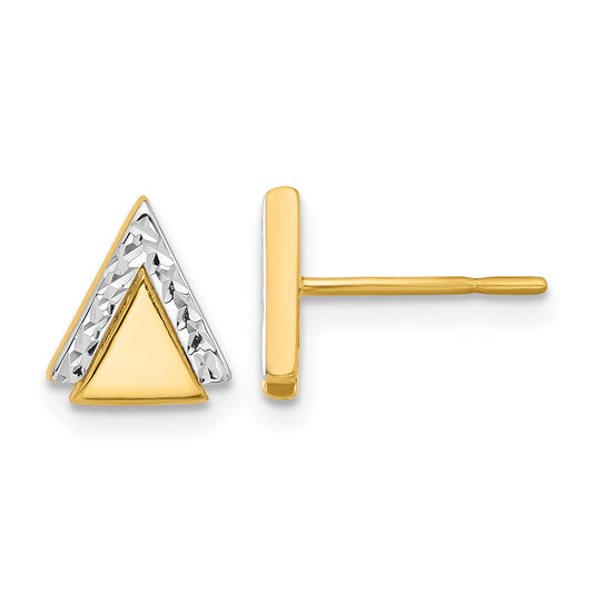 14K Yellow Gold With Rhodium Polished And Diamond Cut Triangle Post Earrings