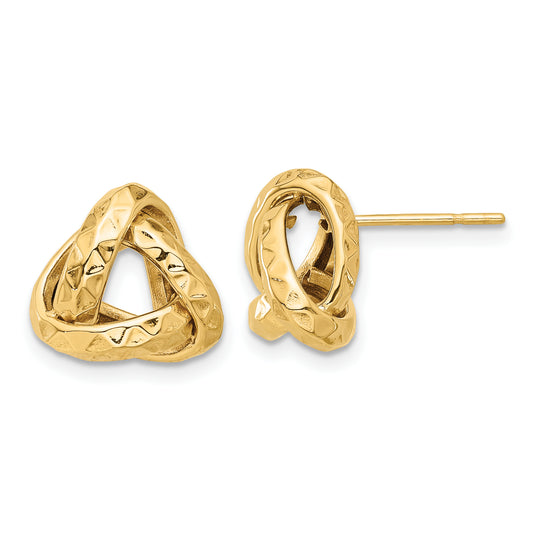 14K Yellow Gold Polished And Diamond Cut Triangle Love Knot Post Earrings