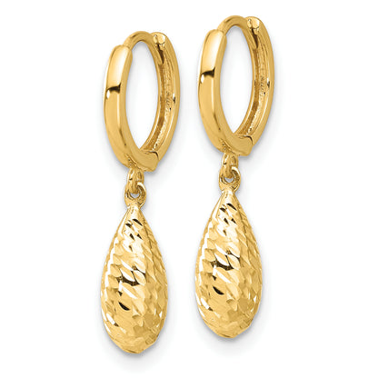 14K Yellow Gold Polished And Diamond Cut Dangle Hoop Earrings
