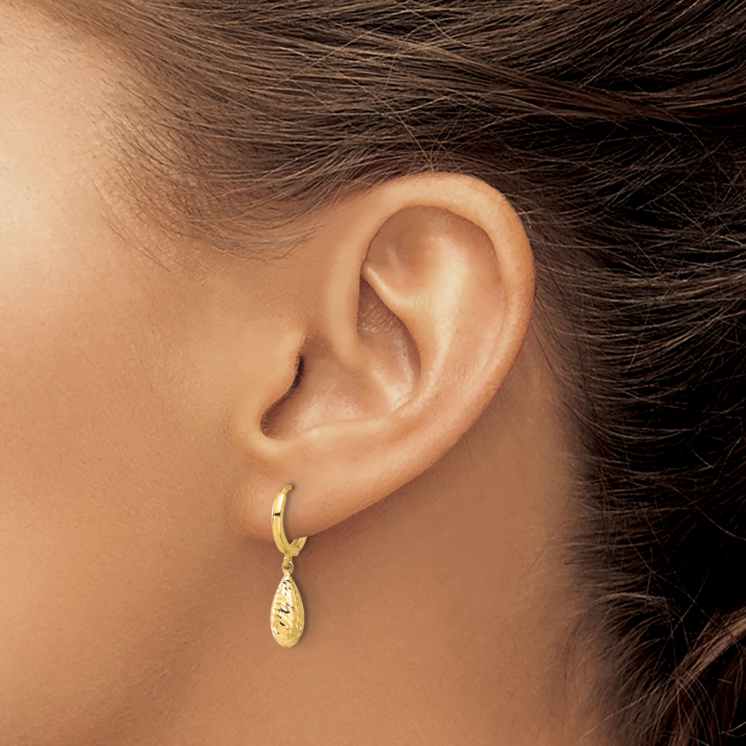 14K Yellow Gold Polished And Diamond Cut Dangle Hoop Earrings