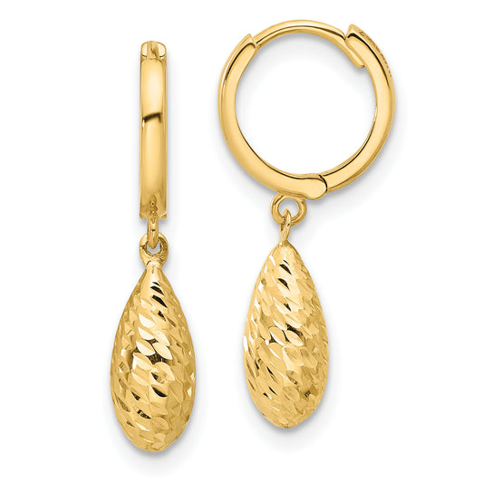14K Yellow Gold Polished And Diamond Cut Dangle Hoop Earrings
