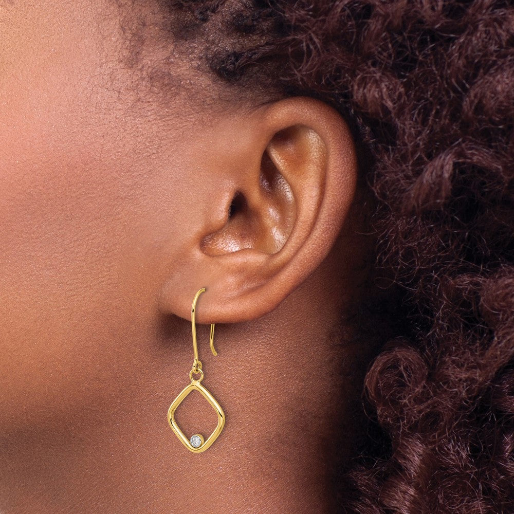 14K Yellow & Rhodium With Polished Cz Square Dangle Earrings