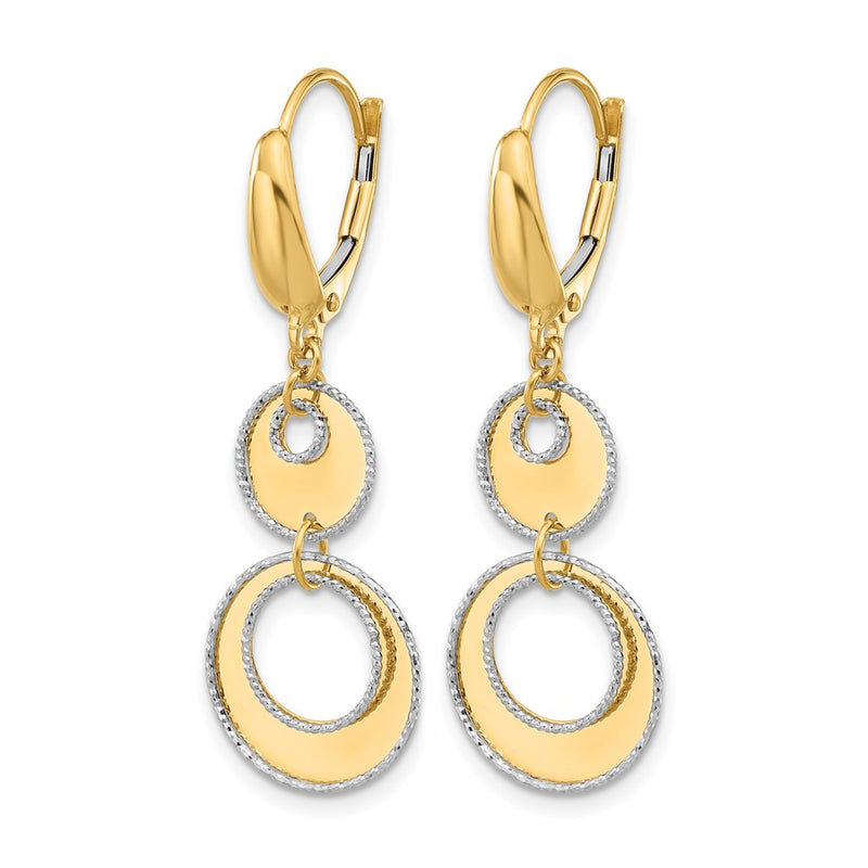 14K Two Tone Polished And Dia Cut Circles Dangle Leverback Earring