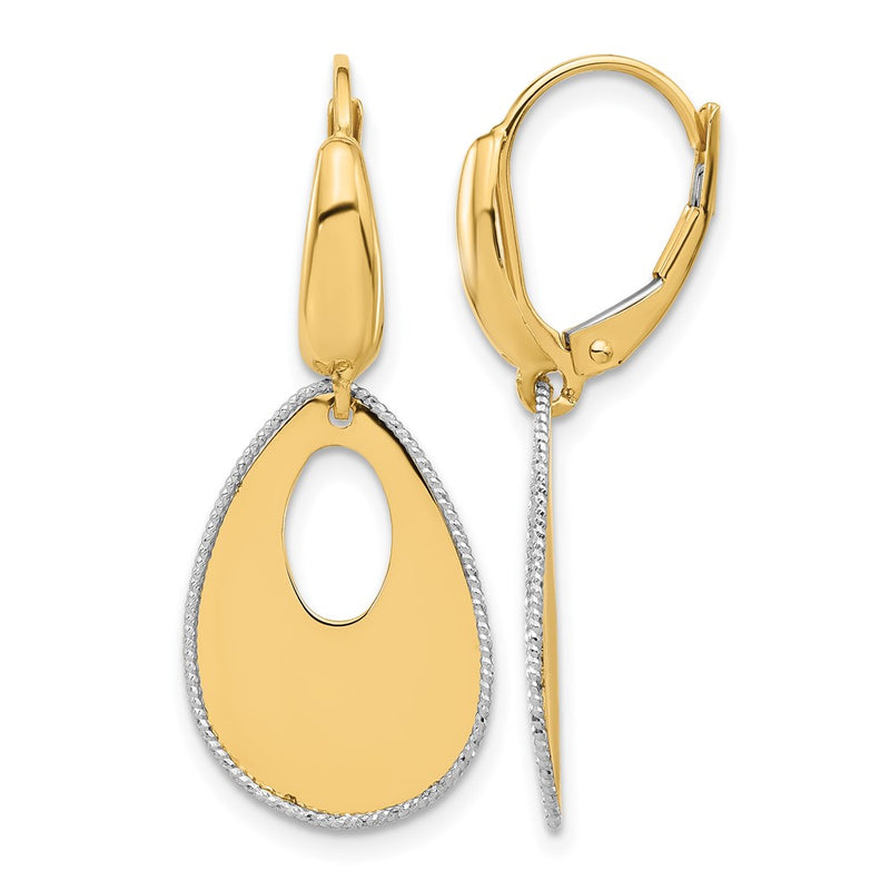 14K Two Tone Polished/Dia Cut Teardrop Dangle Leverback Earrings