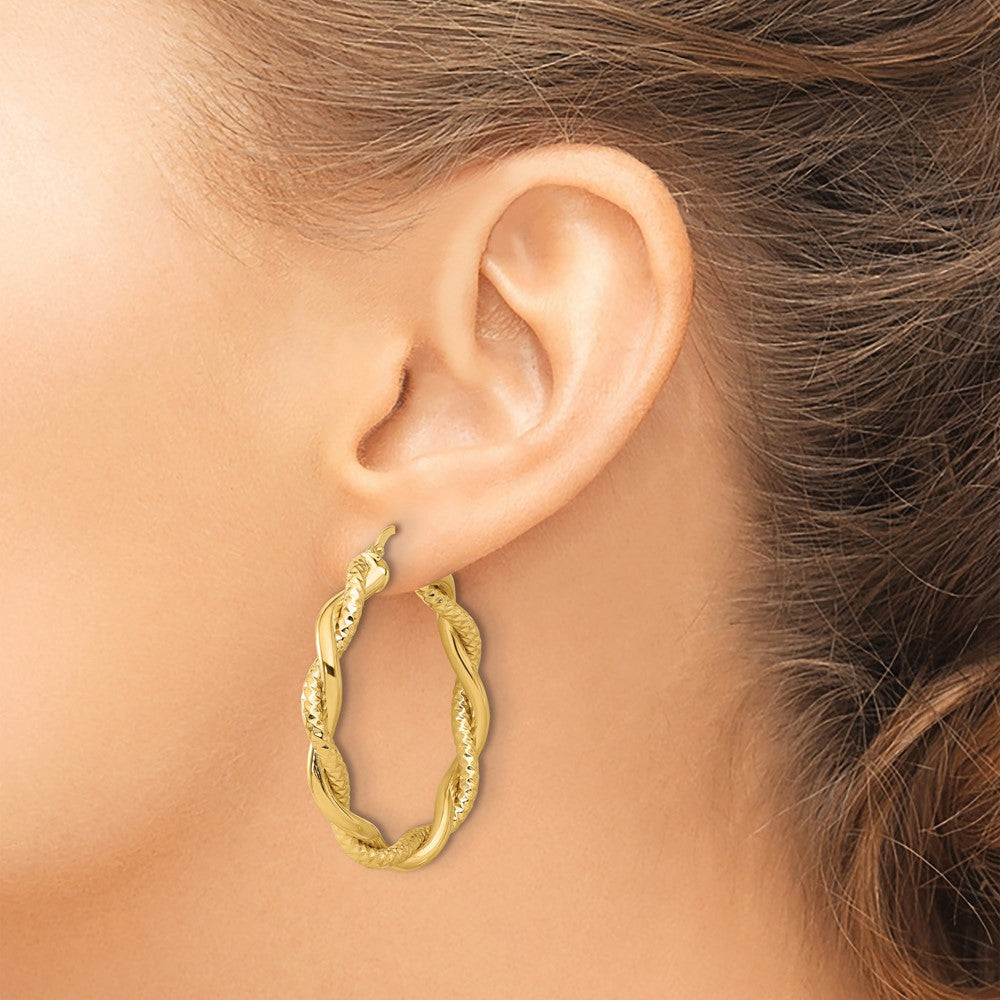 14K Yellow Gold Polished And Textured Twisted Round Hoop Earrings