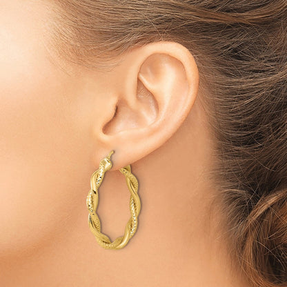 14K Yellow Gold Polished And Textured Twisted Round Hoop Earrings