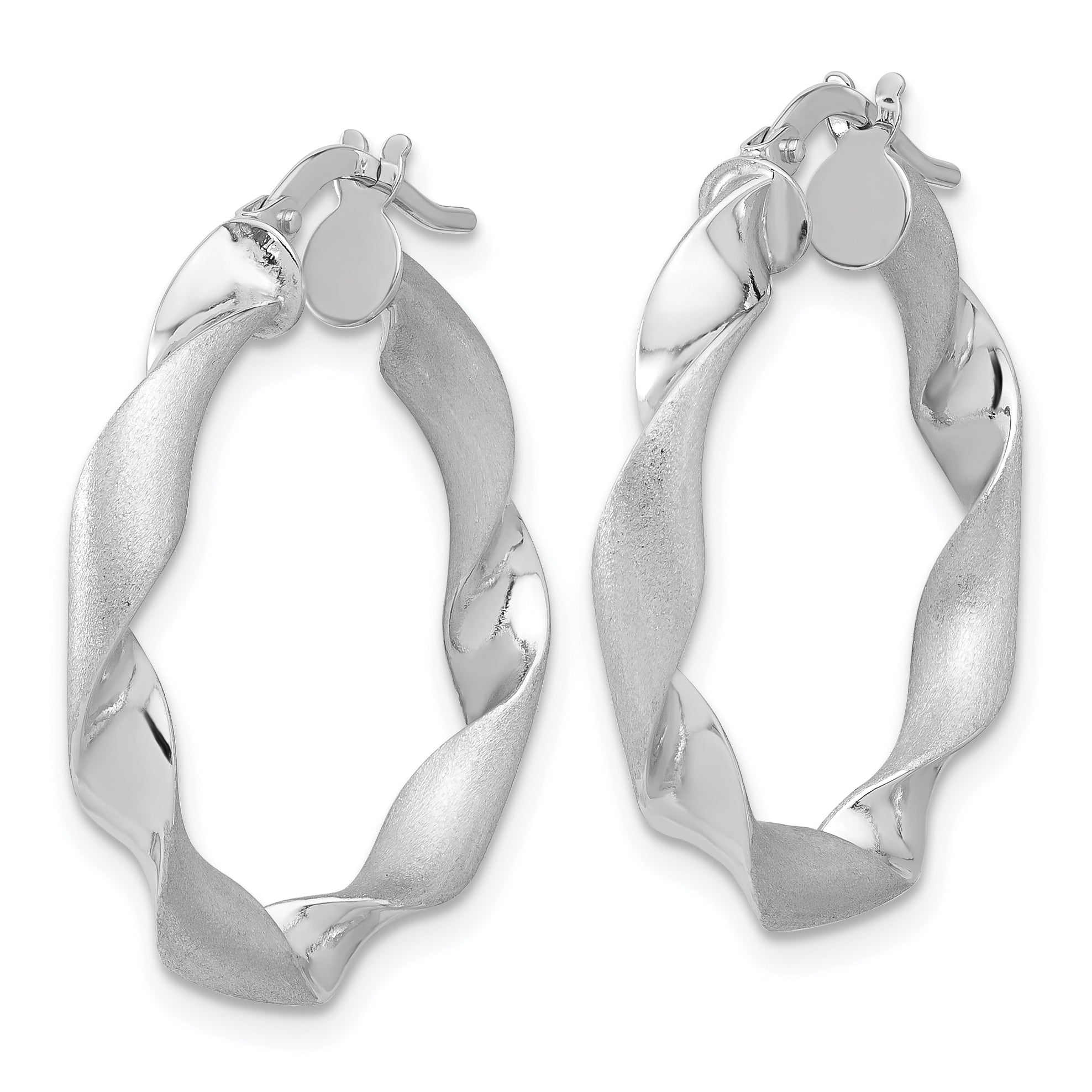 14K White Gold Polished And Brushed Twisted Hoop Earrings
