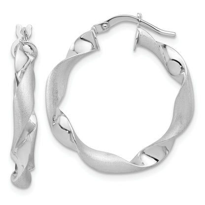 14K White Gold Polished And Brushed Twisted Hoop Earrings