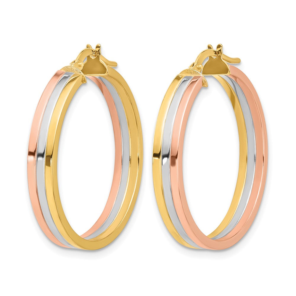 14K Tri-Color Polished Three-Row Left Right Hoop Earrings
