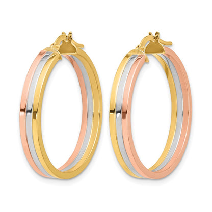 14K Tri-Color Polished Three-Row Left Right Hoop Earrings