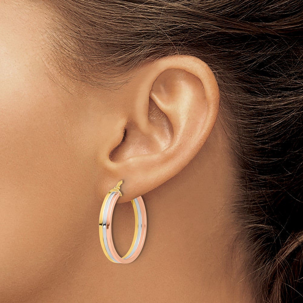 14K Tri-Color Polished Three-Row Left Right Hoop Earrings
