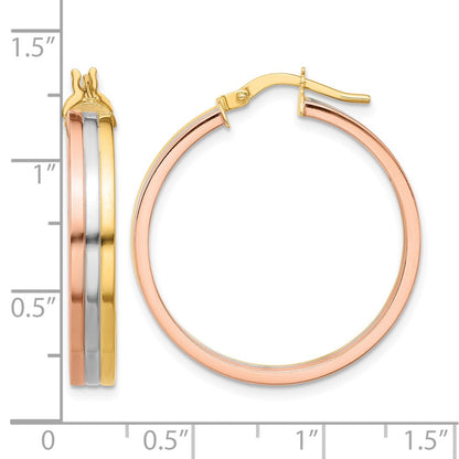 14K Tri-Color Polished Three-Row Left Right Hoop Earrings