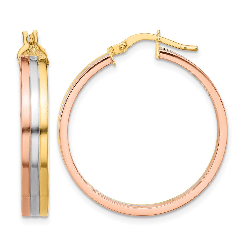 14K Tri-Color Polished Three-Row Left Right Hoop Earrings